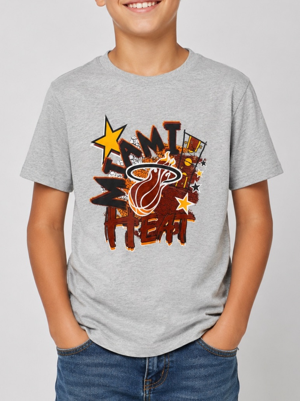 Miami Heat Mitchell & Ness gray hardwood Collection  T-Shirt kids large 14/16